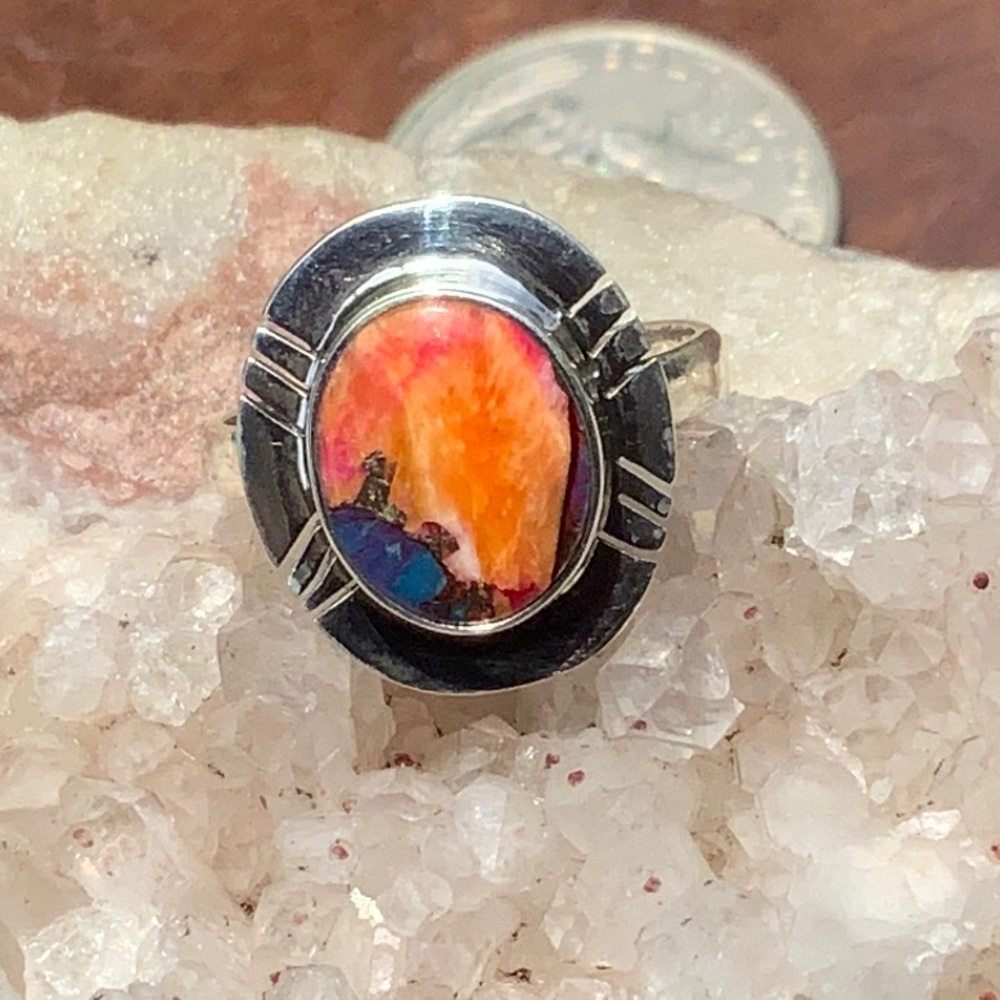 KINGMAN ORANGE DAHLIA TURQUOISE 925 STERLING SILVER RING, SIZE 6.75